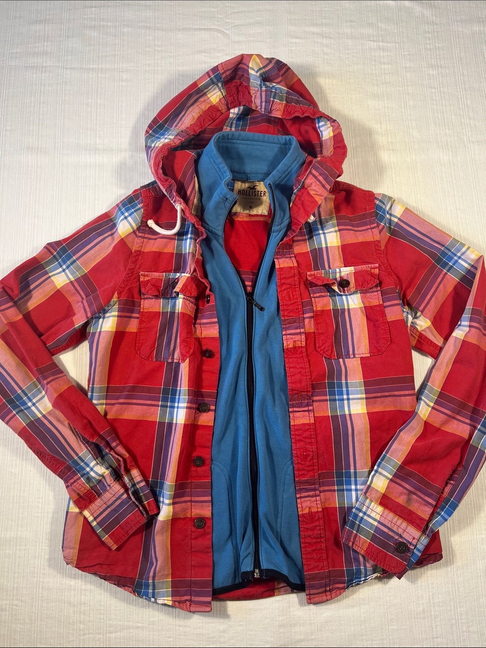 Hollister Red Plaid Hooded Jacket with Blue Liner
